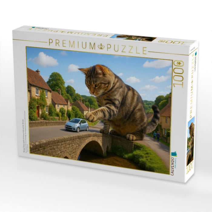 Riesige Katze spielt mit einem Auto auf der Brücke - CALVENDO Foto-Puzzle'