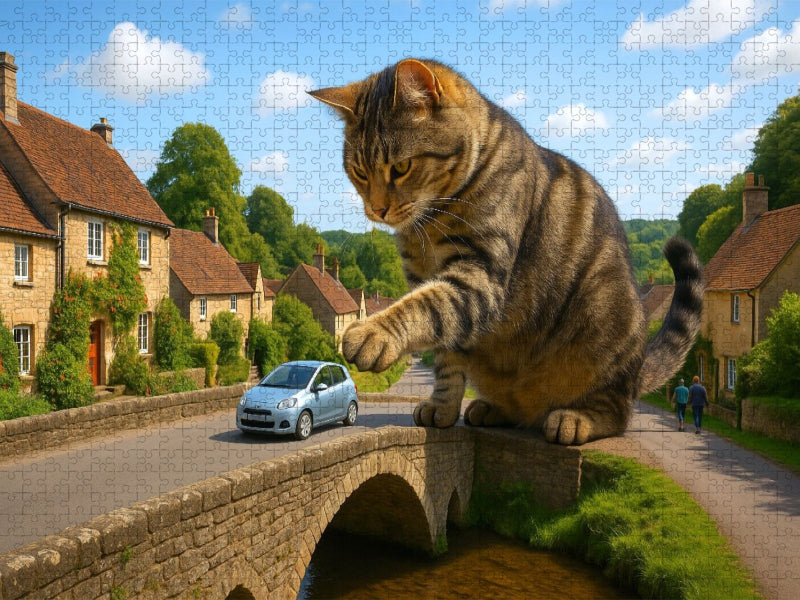Riesige Katze spielt mit einem Auto auf der Brücke - CALVENDO Foto-Puzzle'