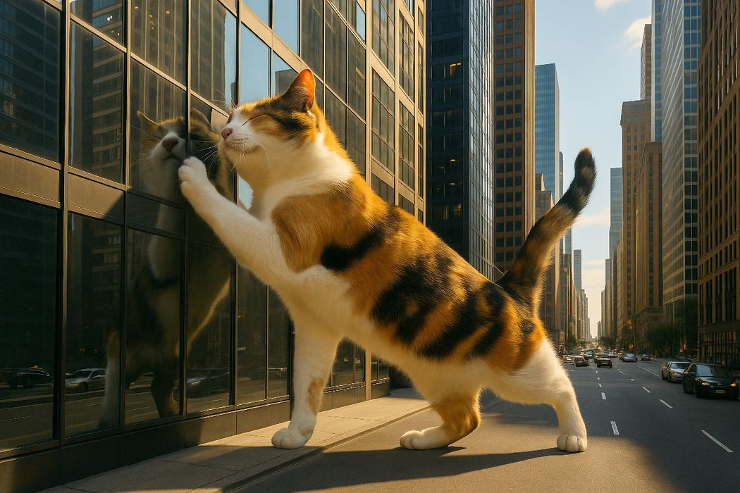 Premium Textil-Leinwand Mein liebstes Spiegelbild - riesige Katze gibt einem Wolkenkratzer Köpfchen