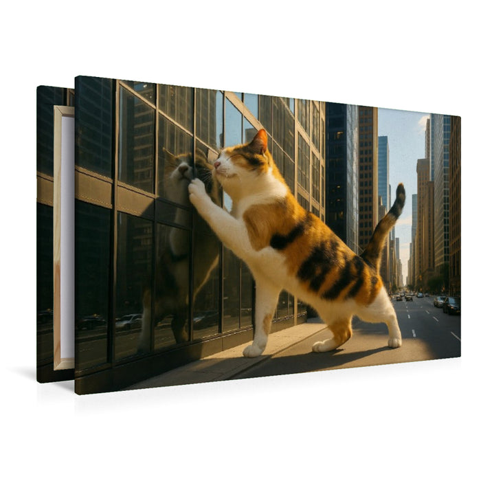 Premium Textil-Leinwand Mein liebstes Spiegelbild - riesige Katze gibt einem Wolkenkratzer Köpfchen