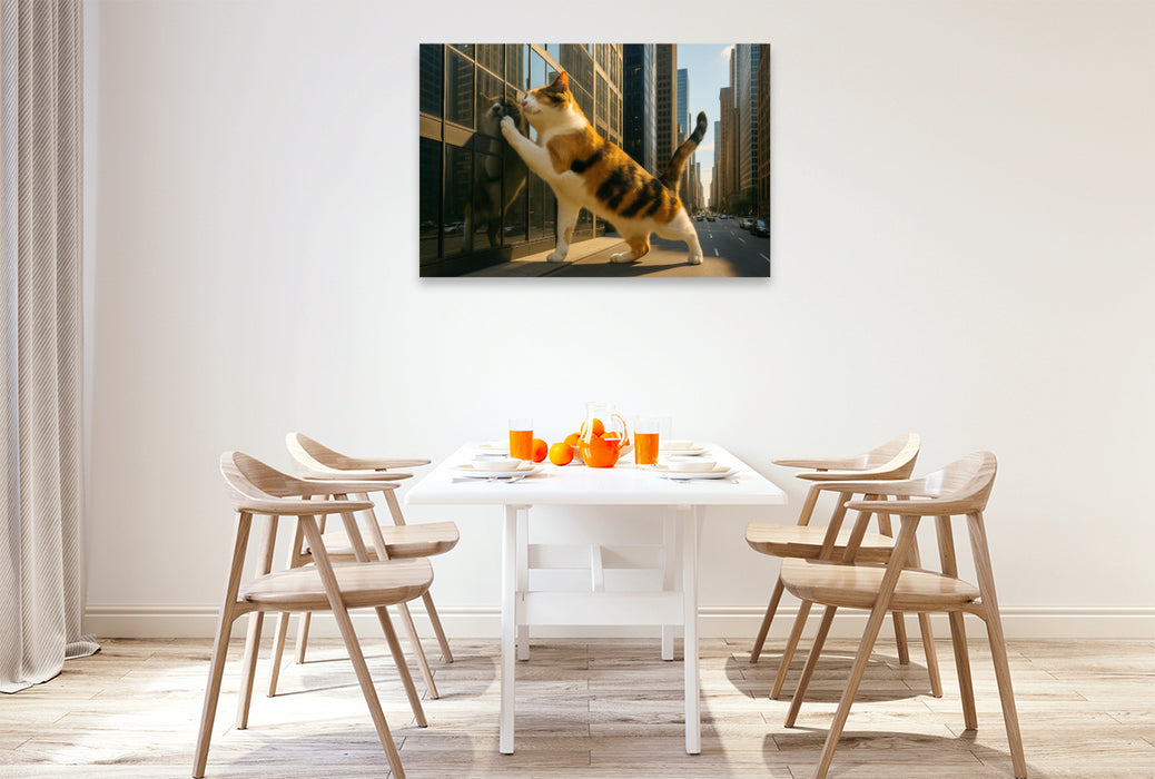 Premium Textil-Leinwand Mein liebstes Spiegelbild - riesige Katze gibt einem Wolkenkratzer Köpfchen
