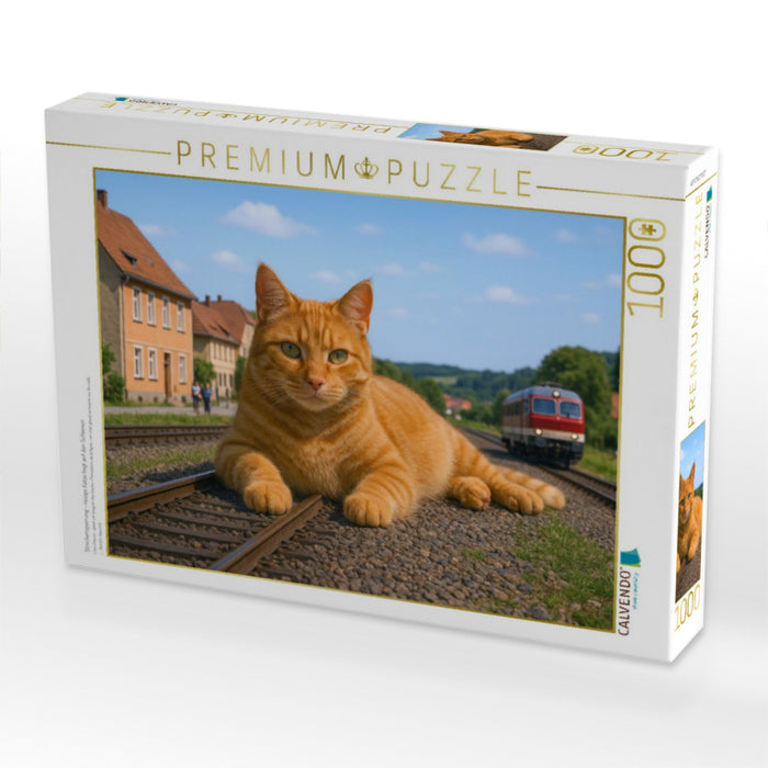 Streckensperrung - riesige Katze liegt auf den Schienen - CALVENDO Foto-Puzzle'