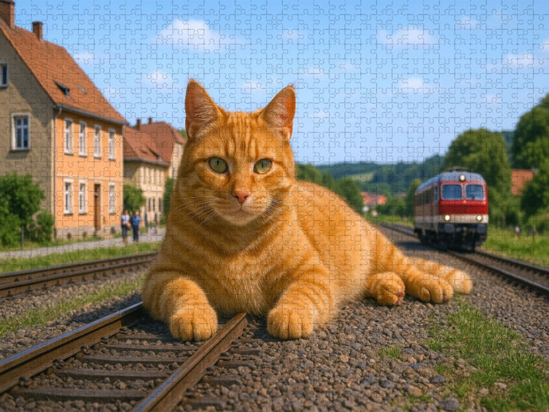 Streckensperrung - riesige Katze liegt auf den Schienen - CALVENDO Foto-Puzzle'