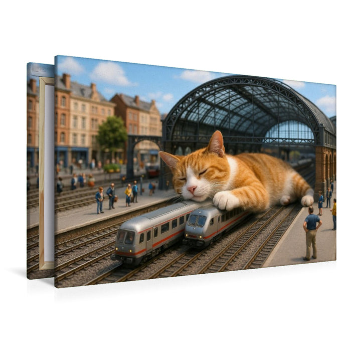 Premium Textil-Leinwand Heute Verspätung auf unbestimmte Zeit - riesige Katze schläft im Bahnhof
