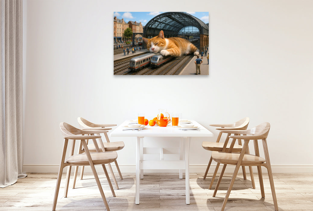Premium Textil-Leinwand Heute Verspätung auf unbestimmte Zeit - riesige Katze schläft im Bahnhof