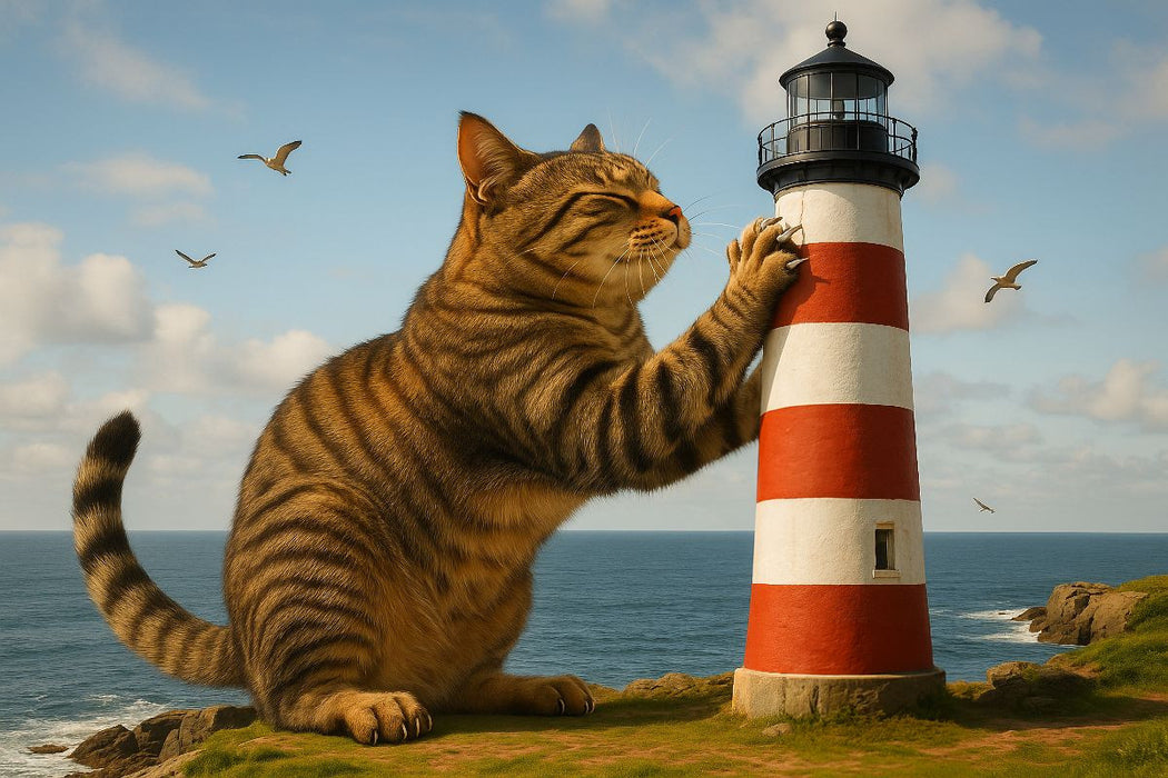 Premium Textil-Leinwand Mein liebster Kratzbaum - riesige Katze kratzt am Leuchtturm