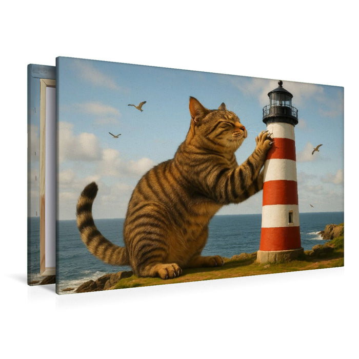 Premium Textil-Leinwand Mein liebster Kratzbaum - riesige Katze kratzt am Leuchtturm