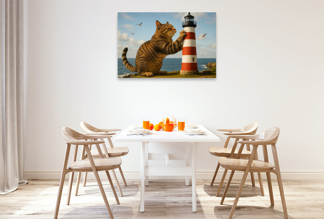 Premium Textil-Leinwand Mein liebster Kratzbaum - riesige Katze kratzt am Leuchtturm