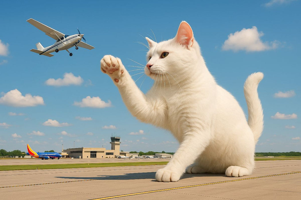 Premium Textil-Leinwand Fliegendes Spielzeug - riesige Katze fängt Flugzeug