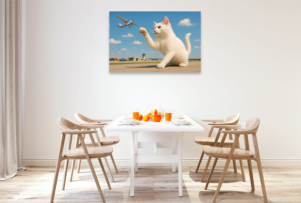 Premium Textil-Leinwand Fliegendes Spielzeug - riesige Katze fängt Flugzeug