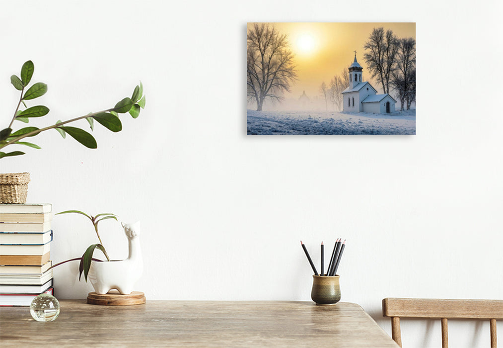 Premium Textil-Leinwand Die Dorfkirche ruht in winterlicher Stille – ein Ort der Einkehr im Schnee
