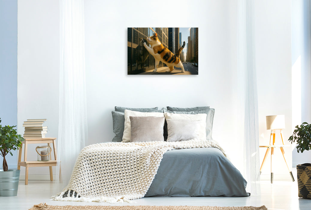 Premium Textil-Leinwand Mein liebstes Spiegelbild - riesige Katze gibt einem Wolkenkratzer Köpfchen