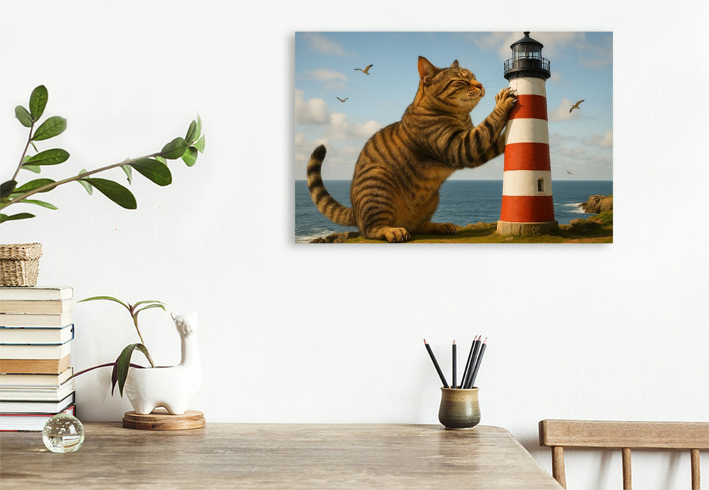 Premium Textil-Leinwand Mein liebster Kratzbaum - riesige Katze kratzt am Leuchtturm