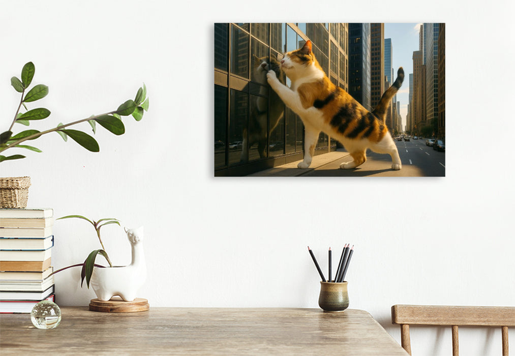 Premium Textil-Leinwand Mein liebstes Spiegelbild - riesige Katze gibt einem Wolkenkratzer Köpfchen