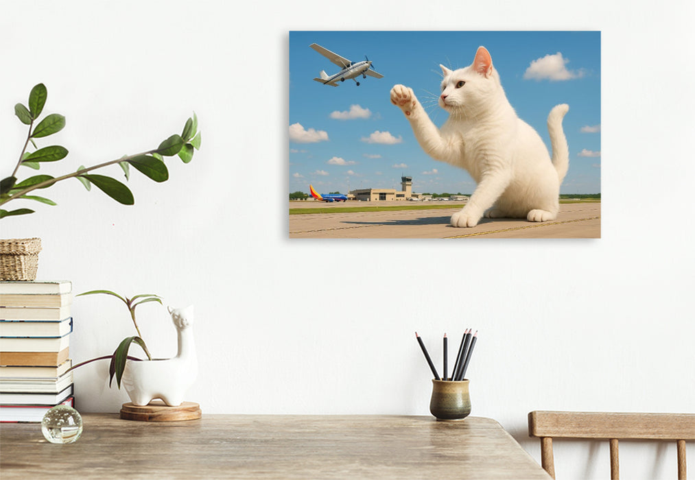 Premium Textil-Leinwand Fliegendes Spielzeug - riesige Katze fängt Flugzeug