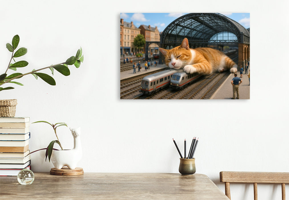 Premium Textil-Leinwand Heute Verspätung auf unbestimmte Zeit - riesige Katze schläft im Bahnhof