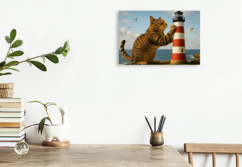 Premium Textil-Leinwand Mein liebster Kratzbaum - riesige Katze kratzt am Leuchtturm