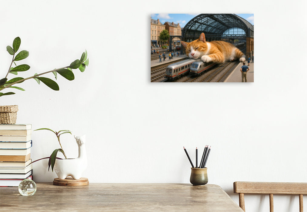 Premium Textil-Leinwand Heute Verspätung auf unbestimmte Zeit - riesige Katze schläft im Bahnhof