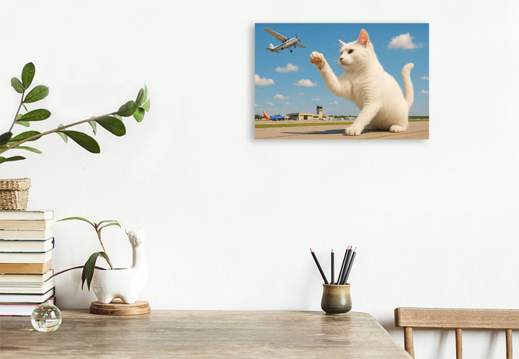 Premium Textil-Leinwand Fliegendes Spielzeug - riesige Katze fängt Flugzeug