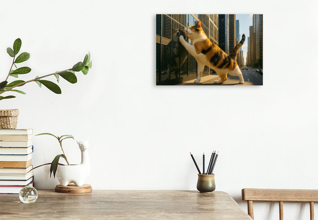 Premium Textil-Leinwand Mein liebstes Spiegelbild - riesige Katze gibt einem Wolkenkratzer Köpfchen