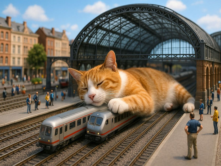 Heute Verspätung auf unbestimmte Zeit - riesige Katze schläft im Bahnhof - CALVENDO Foto-Puzzle'
