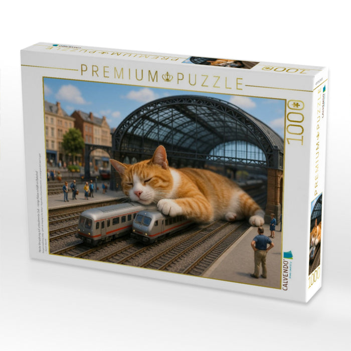 Heute Verspätung auf unbestimmte Zeit - riesige Katze schläft im Bahnhof - CALVENDO Foto-Puzzle'