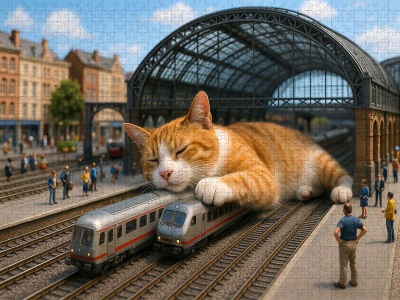 Heute Verspätung auf unbestimmte Zeit - riesige Katze schläft im Bahnhof - CALVENDO Foto-Puzzle'