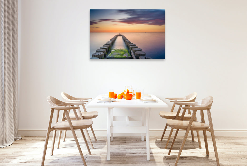 Premium Textil-Leinwand Buhnen beim Sonnenuntergang über der Ostsee