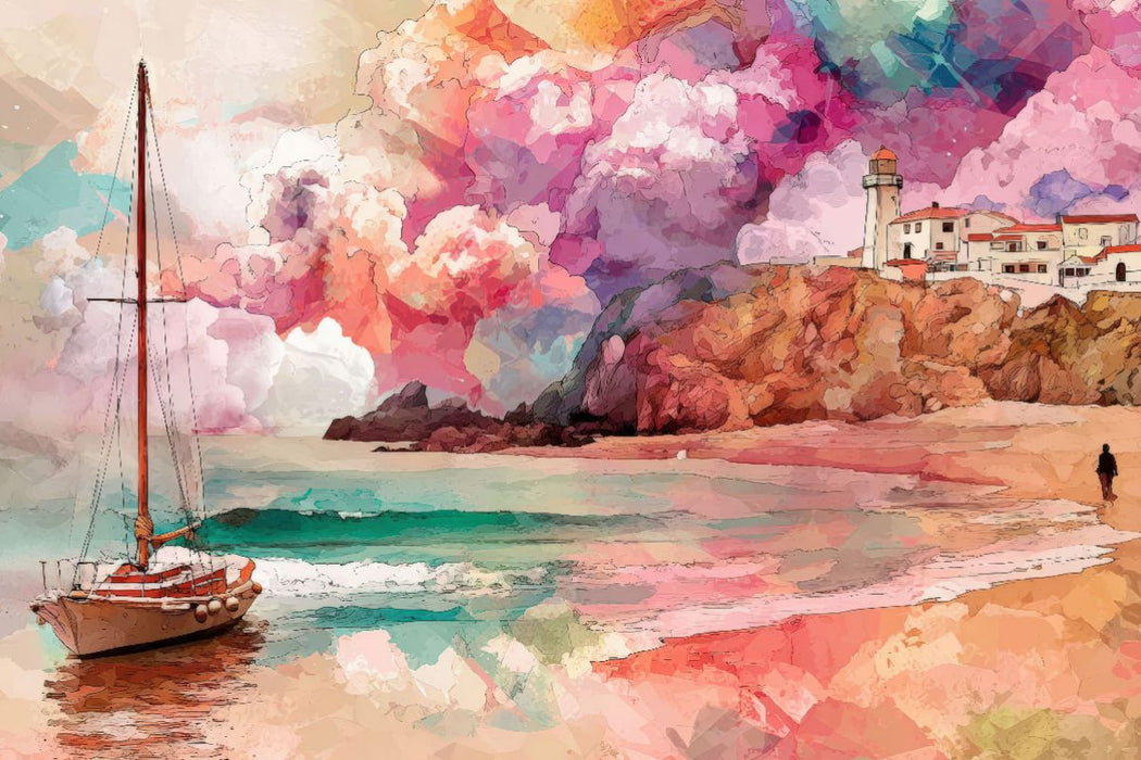 Premium Textil-Leinwand Leuchtturm & Segel in Farbe