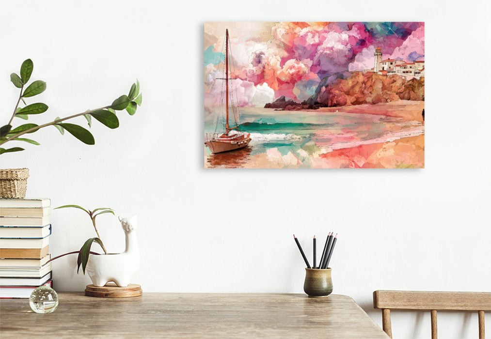 Premium Textil-Leinwand Leuchtturm & Segel in Farbe