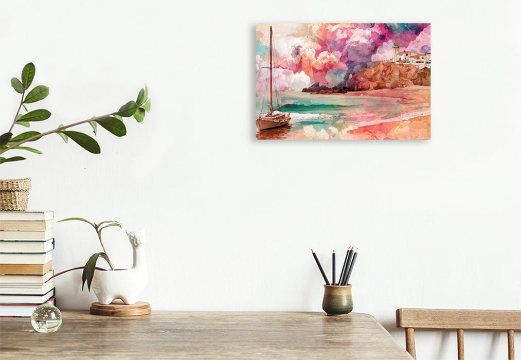 Premium Textil-Leinwand Leuchtturm & Segel in Farbe