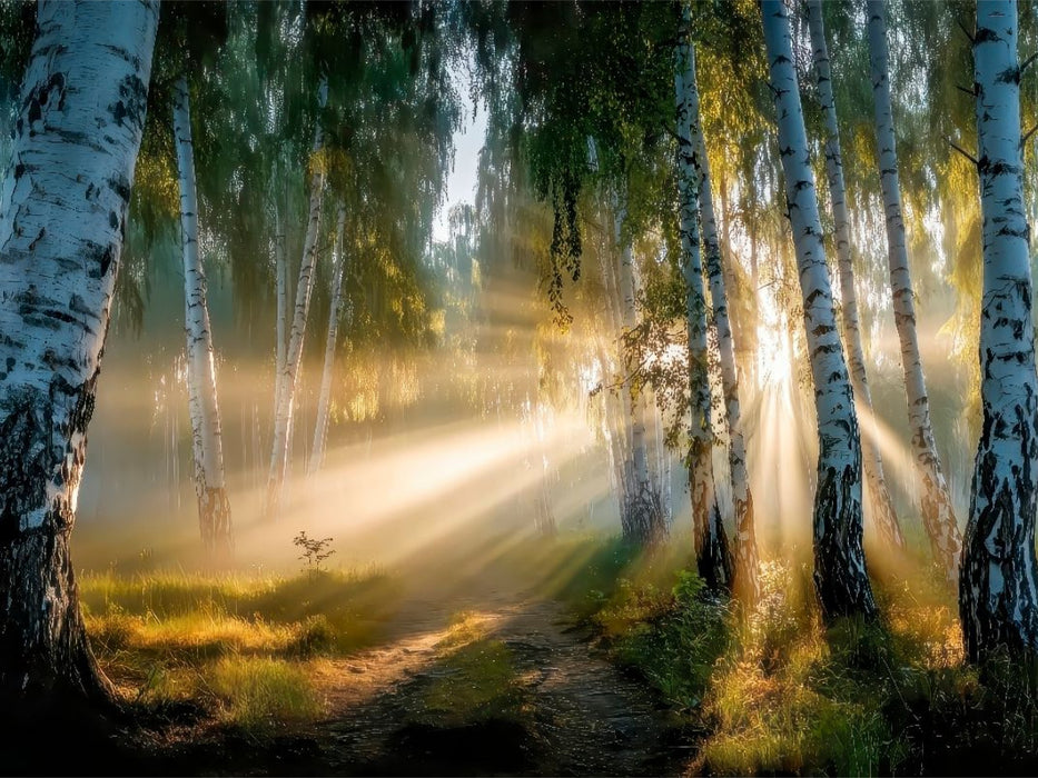 Sonnenstrahlen durchdringen den Birkenwald – der Tag beginnt mit goldenem Flüstern - CALVENDO Foto-Puzzle'