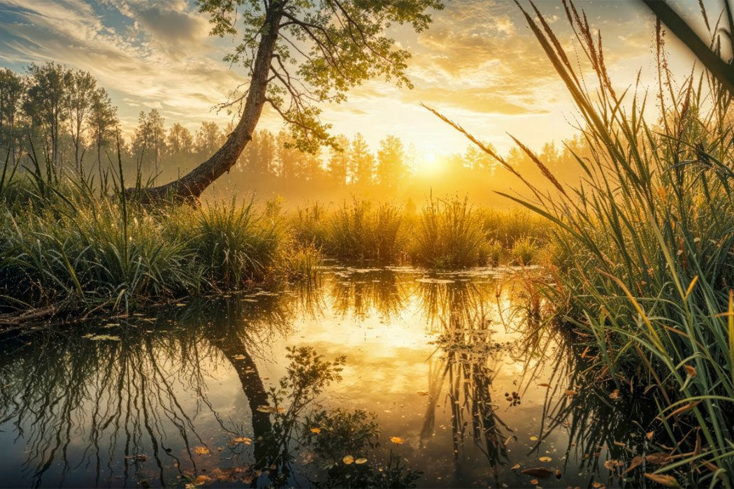 Premium Textil-Leinwand Ein Natursee spiegelt die aufgehende Sonne – der Sommer zeigt seine stille Seite