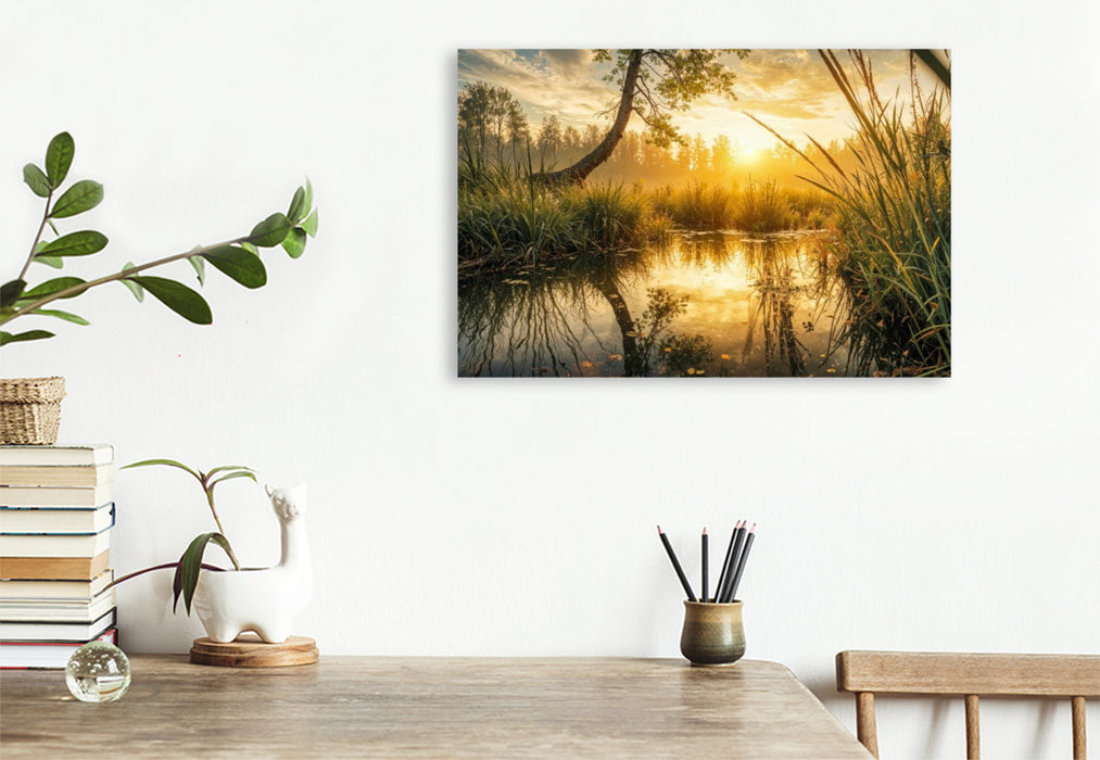 Premium Textil-Leinwand Ein Natursee spiegelt die aufgehende Sonne – der Sommer zeigt seine stille Seite