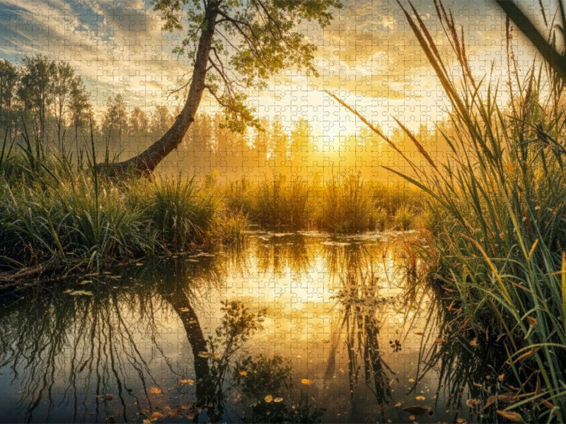 Ein Natursee spiegelt die aufgehende Sonne – der Sommer zeigt seine stille Seite - CALVENDO Foto-Puzzle'
