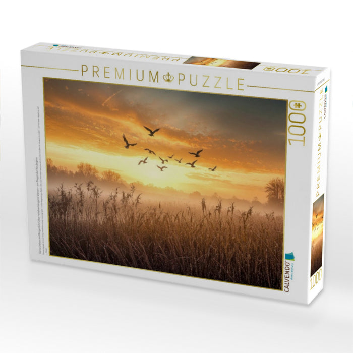Gänse ziehen im Morgenlicht über nebelverhangene Wiesen – ein fliegender Neubeginn - CALVENDO Foto-Puzzle'