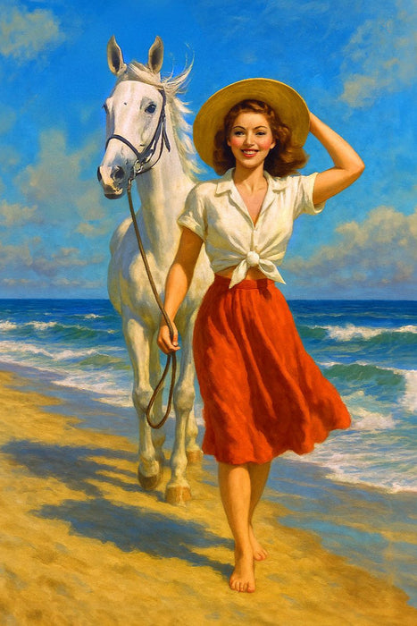 Premium Textil-Leinwand Ein Tag am Strand - Frau der 50er Jahre mit Pferd