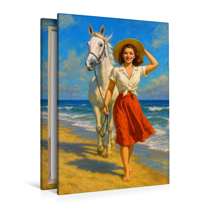 Premium Textil-Leinwand Ein Tag am Strand - Frau der 50er Jahre mit Pferd