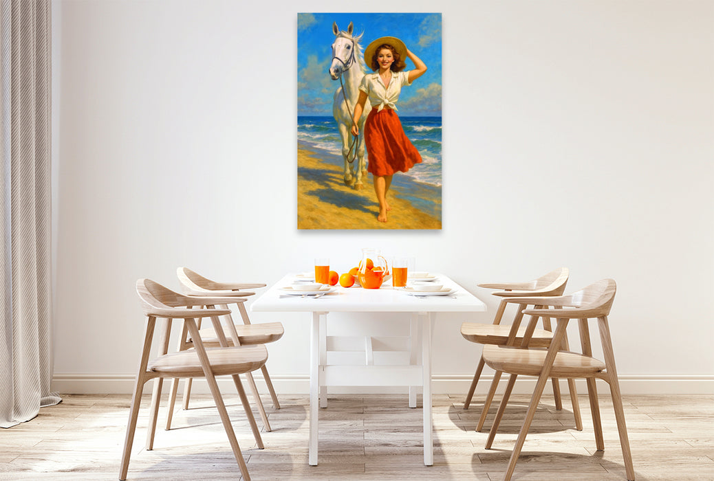 Premium Textil-Leinwand Ein Tag am Strand - Frau der 50er Jahre mit Pferd