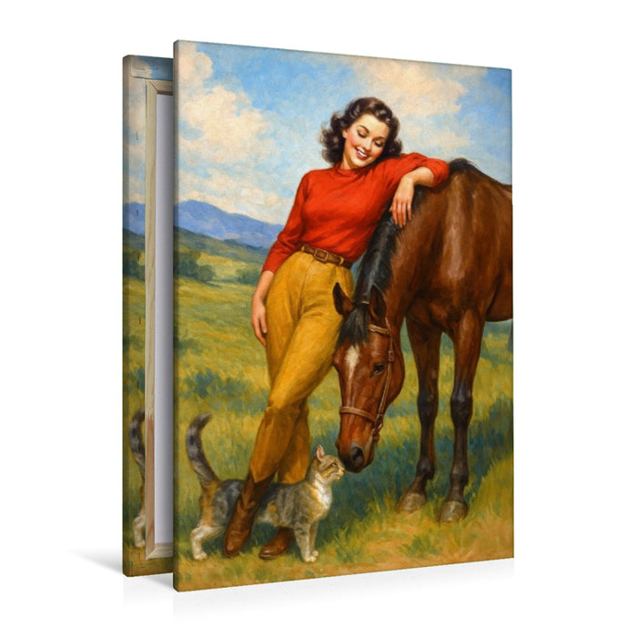 Premium Textil-Leinwand Die Tiere auf dem Hof - Frau der 50er Jahre