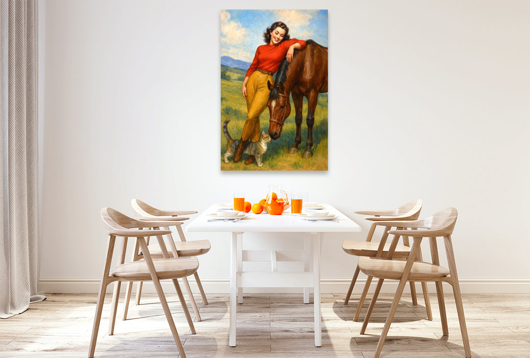 Premium Textil-Leinwand Die Tiere auf dem Hof - Frau der 50er Jahre