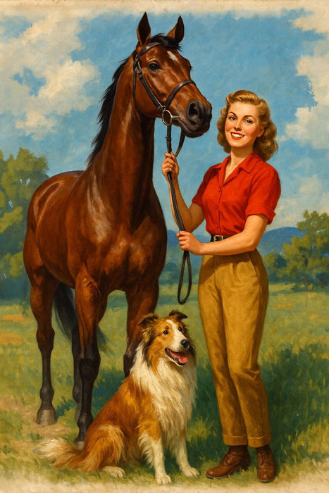 Premium Textil-Leinwand Frau der 50er Jahre mit Pferd