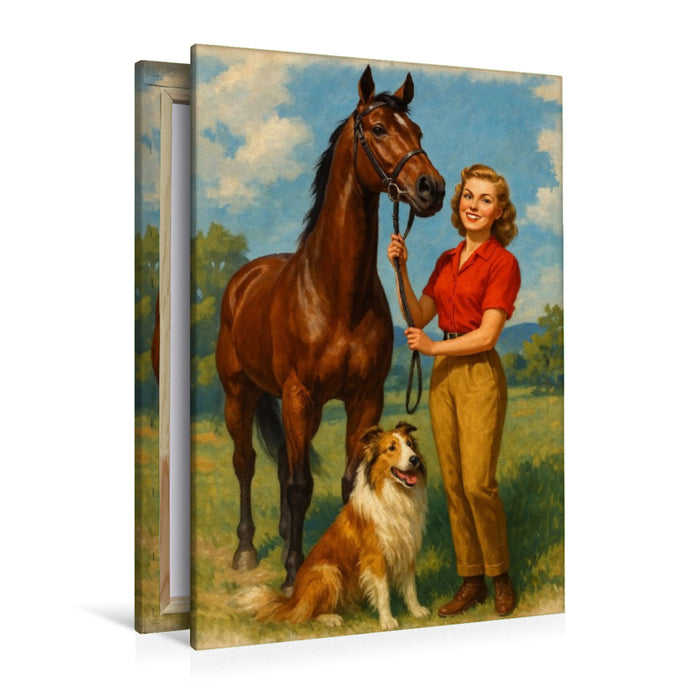 Premium Textil-Leinwand Frau der 50er Jahre mit Pferd