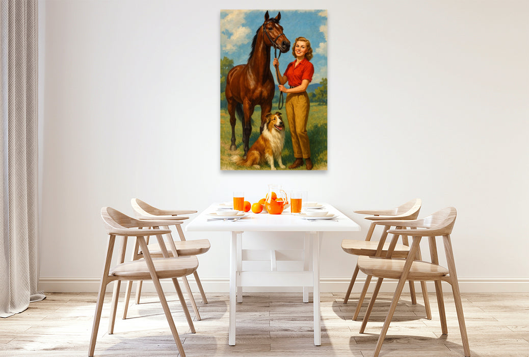Premium Textil-Leinwand Frau der 50er Jahre mit Pferd