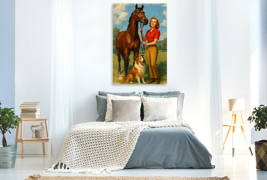 Premium Textil-Leinwand Frau der 50er Jahre mit Pferd