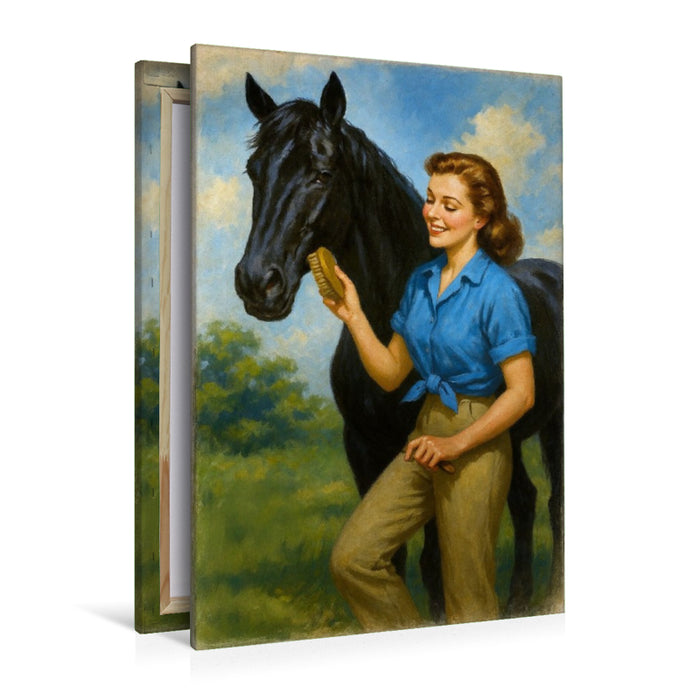 Premium Textil-Leinwand Frau der 50er Jahre mit schwarzem Pferd