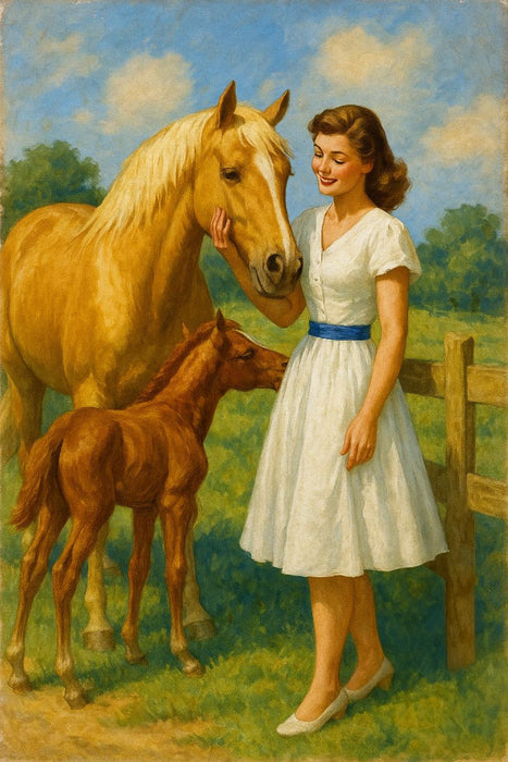 Premium Textil-Leinwand Besuch auf der Weide - Frau der 50er Jahre mit Pferden