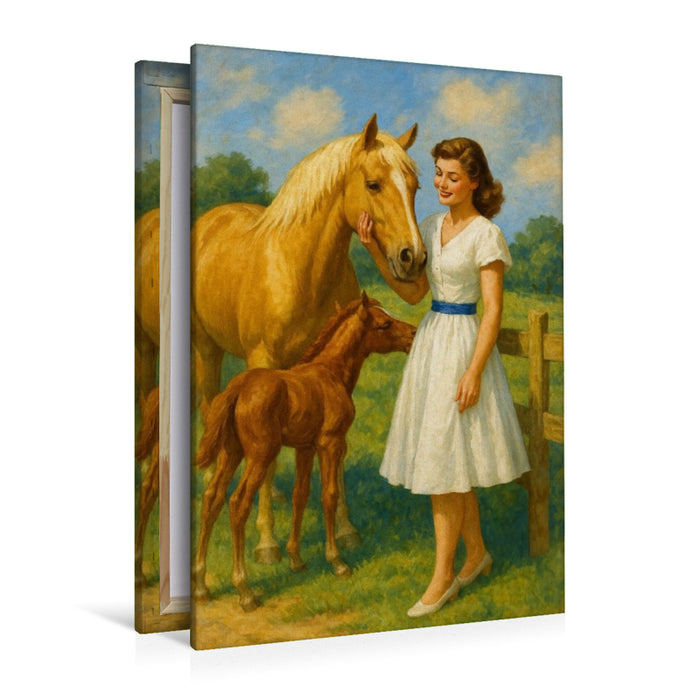 Premium Textil-Leinwand Besuch auf der Weide - Frau der 50er Jahre mit Pferden