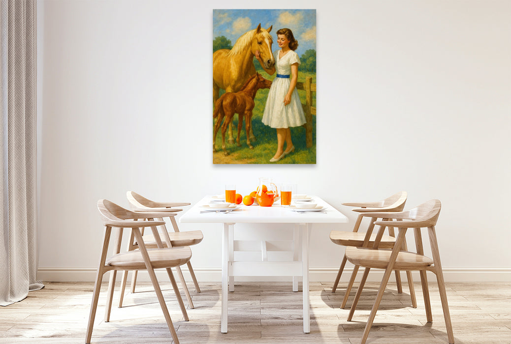 Premium Textil-Leinwand Besuch auf der Weide - Frau der 50er Jahre mit Pferden