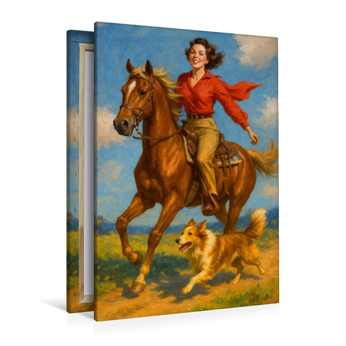 Premium Textil-Leinwand Wild und frei - Frau der 50er Jahre auf Pferd